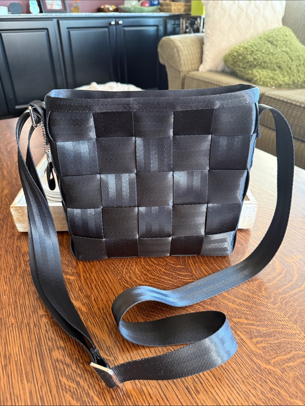HARVEY’S Black Woven Seatbelt Crossbody Bag